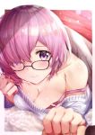  1girl black-framed_eyewear blanket blurry blurry_foreground blush bra_strap breast_press breasts casual cleavage closed_mouth collarbone depth_of_field fate/grand_order fate_(series) glasses hair_over_one_eye hand_holding hands highres lips looking_at_viewer lying mash_kyrielight medium_breasts off-shoulder_sweater on_stomach pink_hair pov rouka_(akatyann) shielder_(fate/grand_order) shiny shiny_hair short_hair smile solo strap_slip sweater tareme under_covers upper_body violet_eyes white_sweater 