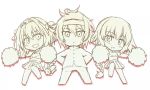  1girl 2boys arm_at_side arm_wrap astolfo_(fate) bandanna bangs braid cheerleader commentary fate/apocrypha fate_(series) hair_ornament hair_ribbon jeanne_d&#039;arc_(fate) jeanne_d&#039;arc_(fate)_(all) kaopen_(wakamerider) long_braid long_hair male_focus multiple_boys multiple_monochrome one_leg_raised pleated_skirt pom_poms ribbon sieg_(fate/apocrypha) single_braid skirt very_long_hair 