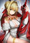  1girl aestus_estus arm_at_side artist_name bangs bare_shoulders blonde_hair blush braid breasts choker cleavage closed_mouth collarbone curtains detached_sleeves earrings eyebrows_visible_through_hair fate/grand_order fate_(series) green_eyes hair_bun hair_ribbon hand_up hiroki_(hirokiart) jewelry juliet_sleeves large_breasts long_sleeves looking_at_viewer nero_claudius_(fate) nero_claudius_(fate)_(all) pelvic_curtain petals puffy_sleeves red_ribbon ribbon shiny shiny_hair short_hair shoulder_necklace sidelocks sitting smile sparkle thigh_strap thighs 