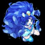  1girl :d animal_ears bangs black_background blue_eyes blue_footwear blue_gloves blue_hair blue_legwear blue_skirt cure_gelato full_body gloves kirakira_precure_a_la_mode lion_ears lion_tail long_hair looking_at_viewer magical_girl ninomae open_mouth parted_bangs precure shoes simple_background single_thighhigh skirt smile solo tail tategami_aoi thigh-highs 