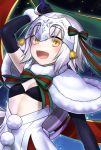  1girl :d bell black_bra black_gloves bra capelet commentary_request elbow_gloves fate/grand_order fate_(series) flat_chest gloves headpiece highres holding jeanne_alter_(santa_lily)_(fate) jeanne_d&#039;arc_(fate)_(all) long_hair looking_at_viewer nora_wanko open_mouth polearm silver_hair smile solo underwear weapon yellow_eyes 