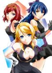  3girls ayase_eli bangs black_dress black_gloves blonde_hair blue_eyes blue_hair blush breasts closed_mouth dress earrings elbow_gloves gloves hair_between_eyes hair_ornament hair_ribbon jewelry long_hair looking_at_viewer love_live! love_live!_school_idol_project multiple_girls nishikino_maki redhead ribbon short_hair sleeveless sleeveless_dress smile soldier_game sonoda_umi tiara urutsu_sahari violet_eyes white_gloves 