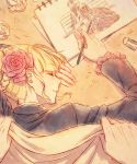  1girl aluce beatrice blonde_hair closed_eyes drawing eraser flower from_above hair_bun hair_flower hair_ornament pencil pov rose sketchbook sleeping smile solo_focus umineko_no_naku_koro_ni ushiromiya_battler 