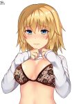  1girl 2017 blonde_hair blue_eyes blush bra breasts cleavage dated dyxm eyebrows_visible_through_hair fate/apocrypha fate_(series) hair_between_eyes highres jeanne_d&#039;arc_(fate) jeanne_d&#039;arc_(fate)_(all) long_hair medium_breasts shirt shirt_lift signature simple_background solo underwear upper_body white_background white_shirt 