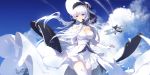  1girl aircraft airplane artist_name azur_lane bangs bare_shoulders blue_eyes blue_sky breasts closed_mouth clouds cloudy_sky condensation_trail day dress floating_hair garter_straps gloves highres illustrious_(azur_lane) large_breasts long_dress long_hair looking_to_the_side low_twintails outdoors sky swd3e2 thigh-highs thighs twintails white_gloves white_hair white_legwear 