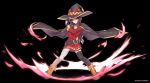  bad_anatomy bandage bandaged_leg belt black_gloves black_hair black_legwear cape collar dress fingerless_gloves gloves hat highres kono_subarashii_sekai_ni_shukufuku_wo! megumin mismatched_legwear red_dress red_eyes short_hair_with_long_locks single_thighhigh thigh-highs wish_white witch_hat 