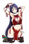  1girl alternate_costume armpits arms_up bell black_legwear blue_eyes blue_hair breasts cleavage cleavage_cutout closed_mouth fate/grand_order fate_(series) full_body hair_bell hair_ornament heart_cutout kneehighs large_breasts long_hair looking_away low-tied_long_hair minamoto_no_raikou_(fate/grand_order) navel pelvic_curtain relaxjon sideboob smile solo stomach thigh-highs very_long_hair 