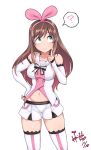  1girl ? a.i._channel bare_shoulders blue_eyes blush bow bowtie breasts brown_hair collarbone elbow_gloves finger_to_cheek gloves hand_on_hip highres hori_shin idol kizuna_ai long_hair looking_up medium_breasts multicolored_hair navel pink_hair shirt short_shorts shorts sideboob sleeveless sleeveless_shirt smile solo standing stomach streaked_hair thigh-highs thought_bubble two-tone_hair 