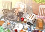  1girl black_hair bread breasts brown_eyes chair cleavage cup dress food fruit grapes jam jar knife large_breasts long_hair milk napkin original plate saucer solo table teacup teapot throtem toaster white_dress wooden_floor 