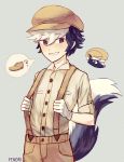  1boy ? artist_name black_hair brown_eyes doubutsu_no_mori fenori gloves graphite_(medium) grey_background hat highres male_focus multicolored_hair shank_(doubutsu_no_mori) shoes simple_background skunk_tail solo teeth traditional_media two-tone_hair upper_body white_hair 