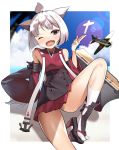  1girl ;d aircraft airplane anchor animal_ears azur_lane bangs black_footwear black_skirt blue_sky blurry blurry_background blush clouds cloudy_sky commentary_request day depth_of_field detached_sleeves eyebrows_visible_through_hair fang flight_deck head_tilt japanese_clothes kimono kneehighs kurogoma_(haruhi3) long_sleeves looking_at_viewer one_eye_closed open_mouth outdoors platform_footwear platform_heels pleated_skirt red_kimono red_skirt shikigami short_hair short_kimono shouhou_(azur_lane) skirt sky smile solo sunlight tabi white_hair white_legwear wide_sleeves zouri 