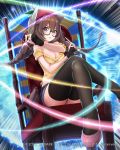  1girl animal_ears bare_shoulders braid breasts brown_hair cat_ears chair cleavage gloves hat highres large_breasts legs_crossed looking_at_viewer mappaninatta off_shoulder official_art pen quill semi-rimless_eyewear shorts sitting solo thigh-highs twin_braids venus_rumble violet_eyes watermark 