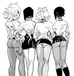  4girls ass back greyscale hand_on_hip locked_arms long_hair mado_(mukade_tou) monochrome multiple_girls original panties school_uniform short_hair simple_background skirt underwear white_background 