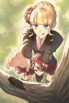  1boy 1girl :q aluce anger_vein beatrice blonde_hair blue_eyes carrying cicada flower hair_flower hair_ornament insect necktie redhead rose shoulder_carry skirt tongue tongue_out tree umineko_no_naku_koro_ni ushiromiya_battler 