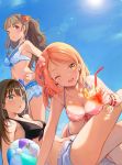  3girls :o ;d all_fours arm_support ball bangs bare_arms bare_shoulders beachball bikini bikini_skirt bikini_top black_bikini_top blue_bikini blue_sky blunt_bangs blush bracelet breasts brown_hair cleavage closed_mouth clouds cup day drinking_glass drinking_straw flower foreshortening frilled_bikini frills from_side front-tie_bikini front-tie_top green_eyes hair_flower hair_ornament hand_on_hip heri holding holding_drinking_glass houjou_karen idolmaster idolmaster_cinderella_girls jewelry kamiya_nao knees_up lens_flare light_brown_hair lips long_hair looking_at_viewer looking_to_the_side lying medium_breasts multiple_girls navel on_back one_eye_closed open_fly open_mouth orange_hair outdoors pink_bikini red_eyes shibuya_rin shiny shiny_hair short_shorts shorts sky small_breasts smile standing stomach sunlight swept_bangs swimsuit tareme thighs unbuttoned wavy_mouth white_shorts yellow_eyes 