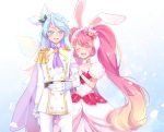  1boy 1girl a_la_mode_style_(precure) animal_ears aqua_hair belt blush bow cake_hair_ornament cape choker closed_eyes colored_eyelashes cowboy_shot cravat cure_whip dress epaulettes food_themed_hair_ornament gloves green_eyes hair_bow hair_ornament highres julio_(precure) kirakira_precure_a_la_mode long_hair pants petals pink_bow pink_hair pink_neckwear precure purple_neckwear rabbit_ears ronorono smile twintails usami_ichika white_dress white_gloves white_pants 