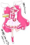  1girl :d animal_ears arm_up bow bunny_tail cake cake_hair_ornament choker cure_whip dress food food_themed_hair_ornament full_body gloves hair_ornament holding holding_food kirakira_precure_a_la_mode looking_at_viewer magical_girl natsumin open_mouth pink_bow pink_footwear pink_neckwear precure rabbit_ears red_eyes shiny shiny_hair shoes simple_background smile solo standing standing_on_one_leg tail translation_request usami_ichika white_background white_dress white_gloves 