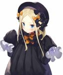  1girl bangs black_bow black_dress black_hat blonde_hair blue_eyes blush bow bowler_hat commentary_request dress fate/grand_order fate_(series) hair_bow hands_in_sleeves hands_up hat long_hair long_sleeves looking_at_viewer matsui_hiroaki orange_bow parted_bangs parted_lips polka_dot polka_dot_bow sidelocks simple_background solo v-shaped_eyebrows very_long_hair white_background 