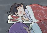  2girls ahoge akebono_(kantai_collection) black_hair blanket blush_stickers closed_eyes commentary_request futon hands_together japanese_clothes kantai_collection long_sleeves lying multiple_girls on_side open_mouth otoufu pillow purple_hair sleeping smile ushio_(kantai_collection) wide_sleeves 