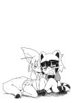  2girls animal_ears bow bowtie common_raccoon_(kemono_friends) fennec_(kemono_friends) fox_ears fox_tail fur_collar highres ino_(tellu0120) kemono_friends leaning_on_person monochrome multiple_girls raccoon_ears raccoon_tail short_hair simple_background sleeping tail white_background 