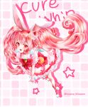  1girl :d animal_ears bow cake_hair_ornament character_name cure_whip dress food_themed_hair_ornament full_body hair_ornament hairband haruhiko_pearl kirakira_precure_a_la_mode long_hair looking_at_viewer magical_girl open_mouth pink_bow pink_footwear pink_hair precure rabbit_ears red_eyes red_hairband shoes smile solo star twintails twitter_username usami_ichika white_dress 