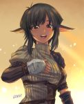  1girl animal_ears armor black_hair breasts brown_eyes commentary_request copyright_request detached_sleeves genshi happy_tears lips looking_at_viewer medium_breasts mismatched_sleeves parted_lips pauldrons ribbed_sweater short_hair_with_long_locks solo sweater tears 