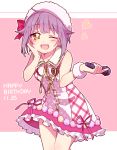  1girl bow commentary dated dress hand_on_own_face happy_birthday hat heart idol idolmaster idolmaster_cinderella_girls knees_together koshimizu_sachiko looking_at_viewer microphone one_eye_closed pink pink_background purple_hair short_hair sleeveless solo standing uso_(ameuzaki) yellow_eyes 