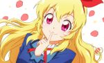  aikatsu! anime_coloring blonde_hair bow close-up closed_mouth commentary eyebrows_visible_through_hair finger_to_mouth hair_between_eyes hair_bow hairband hoshimiya_ichigo long_hair nicca_(kid_nicca) red_eyes ribbon school_uniform shushing smile star starry_background strawberry_background 