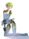  1girl aegis_(persona) android blonde_hair blue_eyes breasts diolemonde headphones highres kneeling persona persona_3 robot_joints short_hair solo 