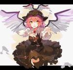  1girl :d animal_ears bent_knees bird_wings black_legwear breasts brown_dress dress foreshortening full_body hair_between_eyes hat highres long_sleeves looking_at_viewer medium_breasts mystia_lorelei open_mouth pink_hair rin_falcon smile solo thigh-highs touhou wings yellow_eyes 