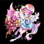  1girl :q black_background blue_dress blue_eyes boots cure_parfait dress elbow_gloves food_themed_hair_ornament full_body gloves hair_ornament hairband horse_tail kirahoshi_ciel kirakira_precure_a_la_mode knee_boots layered_dress long_hair looking_at_viewer magical_girl ninomae pink_hair precure rainbow_order simple_background solo tail tongue tongue_out white_footwear white_gloves wide-eyed 
