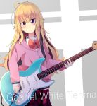  1girl absurdres ahoge blonde_hair bow bowtie character_name commentary_request cowboy_shot electric_guitar expressionless eyebrows_visible_through_hair gabriel_dropout grey_background guitar highres hood hoodie instrument long_hair pachio pink_cardigan pleated_skirt school_uniform skirt solo tenma_gabriel_white violet_eyes 