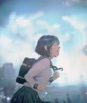  1girl artist_name backlighting bag black_hair blurry building city closed_eyes clouds dated depth_of_field eyelashes happy highres open_mouth original pleated_skirt profile running school_bag school_uniform serafuku short_hair skirt sky solo upper_body wudi_sao_nian 