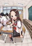  1girl :d absurdres arm_at_side black_legwear black_skirt blush book brown_eyes brown_hair chalkboard classroom desk forehead from_side hand_up highres indoors karakai_jouzu_no_takagi-san kneehighs long_hair looking_at_viewer looking_to_the_side open_book open_mouth pen pencil_case perspective pleated_skirt red_neckwear school_chair school_desk school_uniform serafuku shelf shirt shoes short_sleeves sitting skirt smile solo_focus takagi-san tareme uwabaki white_footwear white_shirt yamamoto_souichirou 