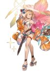  1girl bag bangs bare_shoulders blonde_hair blush bow bowtie breasts brown_eyes cleavage collarbone djeeta_(granblue_fantasy) eyebrows_visible_through_hair flower full_body granblue_fantasy hair_ornament hairband hibiscus holding innertube looking_at_viewer medium_breasts minaba_hideo navel official_art one_eye_closed open_toe_shoes sandals sheath sheathed smile solo sparkle standing sunlight swimsuit sword thigh_strap transparent_background weapon wrist_cuffs 