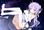  1girl ass azur_lane bell_(oppore_coppore) collarbone commentary_request doll_hug dress elbow_gloves gloves hair_bun hair_ribbon long_hair looking_at_viewer night night_sky one_side_up panties pantyshot pantyshot_(sitting) purple_hair ribbon side_bun sitting sky smile solo star_(sky) starry_sky stuffed_animal stuffed_pegasus stuffed_toy stuffed_unicorn thigh-highs underwear unicorn_(azur_lane) violet_eyes white_dress white_legwear white_panties zettai_ryouiki 