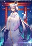  1girl bangs blue_eyes blue_hair closed_mouth eyebrows_visible_through_hair gohei hair_ornament hairclip hands_in_sleeves hatsune_miku japanese_clothes kimono light_trail long_hair long_sleeves looking_at_viewer motion_blur rabbit smile snowflake_print snowing solo standing torii twintails very_long_hair vocaloid white_kimono wide_sleeves xiaosan_ye yuki_miku yuki_miku_(2018) 