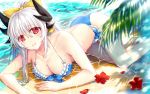  1girl bikini blue_bikini bow breasts cleavage collarbone day eyebrows_visible_through_hair fate/grand_order fate_(series) frilled_bikini frills hair_between_eyes hair_bow horns kiyohime_(fate/grand_order) kiyohime_(swimsuit_lancer)_(fate) large_breasts long_hair looking_at_viewer morizono_shiki outdoors ponytail red_eyes red_flower sideboob silver_hair smile solo swimsuit wet yellow_bow 