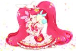  1girl aihira_(aihira12) animal_ears choker closed_mouth creature cure_whip dress full_body gloves hairband highres kirakira_precure_a_la_mode kirarin_(precure) kneeling long_hair magical_girl one_eye_closed pikario_(precure) pink_eyes pink_footwear pink_hair pink_hairband pink_neckwear precure rabbit_ears shoes simple_background smile star twintails usami_ichika white_background white_dress white_gloves 