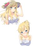  1girl blonde_hair blue_eyes blush breasts cleavage closed_mouth collarbone dress eyebrows_visible_through_hair hat highres idolmaster idolmaster_cinderella_girls idolmaster_cinderella_girls_starlight_stage large_breasts long_hair looking_at_viewer naked_towel ootsuki_yui shiru_bupure smile sun_hat towel white_background white_dress 