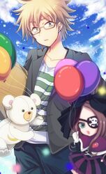  1boy 1girl aqua_eyes balloon blue_sky blurry brown-framed_eyewear brown_eyes clouds collarbone day eyepatch glasses gloves hiraoka_daisuke light_brown_hair looking_at_viewer mimuji_(shirobako) nyannke open_mouth outdoors roro_(shirobako) shirobako shirt sky standing striped striped_shirt stuffed_animal stuffed_toy teddy_bear white_gloves 