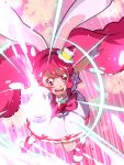  1girl angry animal_ears bow cake_hair_ornament cure_whip dress food_themed_hair_ornament from_above gloves hair_ornament hairband kirakira_precure_a_la_mode long_hair looking_at_viewer magical_girl open_mouth pink_background pink_bow pink_eyes pink_footwear pink_hair precure rabbit_ears serious shoes solo tj-type1 twintails usami_ichika white_dress white_gloves 