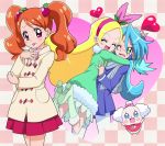  1boy 2girls :p blonde_hair blue_hair boots brother_and_sister brown_hair checkered checkered_background closed_eyes cowboy_shot creature food_themed_hair_ornament green_eyes green_footwear hair_ornament hairband happy hug jacket julio_(precure) kirahoshi_ciel kirakira_precure_a_la_mode knee_boots long_hair masaru_(win800) multiple_girls open_mouth pants pekorin_(precure) pink_eyes pink_hairband pink_skirt precure scarf siblings skirt smile strawberry_hair_ornament tongue tongue_out twintails usami_ichika white_pants 