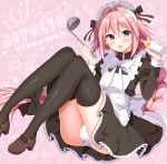  1boy :d alternate_costume astolfo_(fate) baby_bottle black_bow black_legwear blush bottle bow bowtie braid bulge character_name commentary_request enmaided eyebrows_visible_through_hair fang fate/apocrypha fate_(series) full_body hair_between_eyes hair_bow ladle long_hair looking_at_viewer maid maid_headdress open_mouth panties pantyshot pink_background pink_hair single_braid smile solo thigh-highs trap tsukudani_norio underwear very_long_hair violet_eyes white_neckwear white_panties 