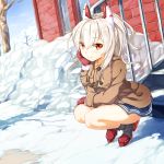  1girl absurdres ayanami_(azur_lane) azur_lane coat commentary eyebrows_visible_through_hair eyes_visible_through_hair hair_between_eyes hand_on_own_cheek headgear hellnyaa highres long_hair looking_at_viewer mittens ponytail red_eyes skirt smile snow solo squatting white_hair 