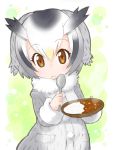  1girl blonde_hair brown_eyes colored_pencil_(medium) curry curry_rice food frown fur_collar fur_trim grey_coat hakkatou head_wings holding holding_spoon kemono_friends long_sleeves multicolored_hair northern_white-faced_owl_(kemono_friends) plate rice solo traditional_media white_hair 