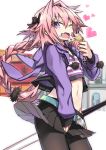  1boy ;d animal_hood astolfo_(fate) belt black_bow black_ribbon black_skirt blush bow braid building bunny_hood casual cowboy_shot crop_top fang fate/apocrypha fate/grand_order fate_(series) food food_on_face greyscale groin hair_intakes hair_ribbon heart holding holding_food hood hood_down hooded_jacket jacket long_hair long_sleeves looking_at_viewer male_focus monochrome multicolored_hair navel one_eye_closed open_clothes open_jacket open_mouth pantyhose parfait pink_hair pleated_skirt purple_jacket ribbon single_braid skirt skirt_pull smile standing stomach streaked_hair trap tsurime ulogbe very_long_hair violet_eyes white_hair wind wind_lift wrapper 
