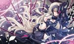  1girl absurdly_long_hair armor armored_boots black_footwear black_gloves black_legwear boots breasts brown_eyes chains cleavage fate/grand_order fate_(series) fur_trim gloves high_heel_boots high_heels jeanne_d&#039;arc_(alter)_(fate) jeanne_d&#039;arc_(fate)_(all) long_hair looking_at_viewer medium_breasts midriff navel petals rindo silver_hair sitting solo stomach thigh-highs very_long_hair 