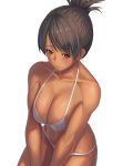 1girl bare_shoulders bikini blush breasts brown_hair cleavage closed_mouth collarbone commentary_request dark_skin from_above lips long_hair looking_at_viewer medium_breasts navel original ponytail ranma_(kamenrideroz) shiny shiny_hair simple_background solo swimsuit white_background white_bikini yellow_eyes 