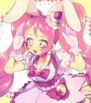  1girl :d animal_ears bow bunny_pose cake_hair_ornament choker cowboy_shot cure_whip dress food_themed_hair_ornament gloves hair_ornament highres kirakira_precure_a_la_mode long_hair looking_at_viewer magical_girl mayana_(bbpp) open_mouth pink_bow pink_eyes pink_hair pink_neckwear precure puffy_sleeves rabbit_ears smile solo twintails usami_ichika white_dress white_gloves 